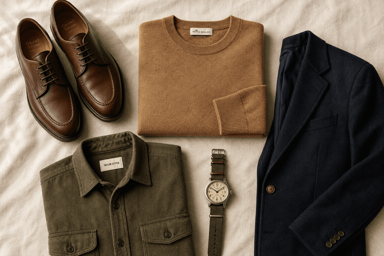 Flat lay of warm-toned menswear essentials