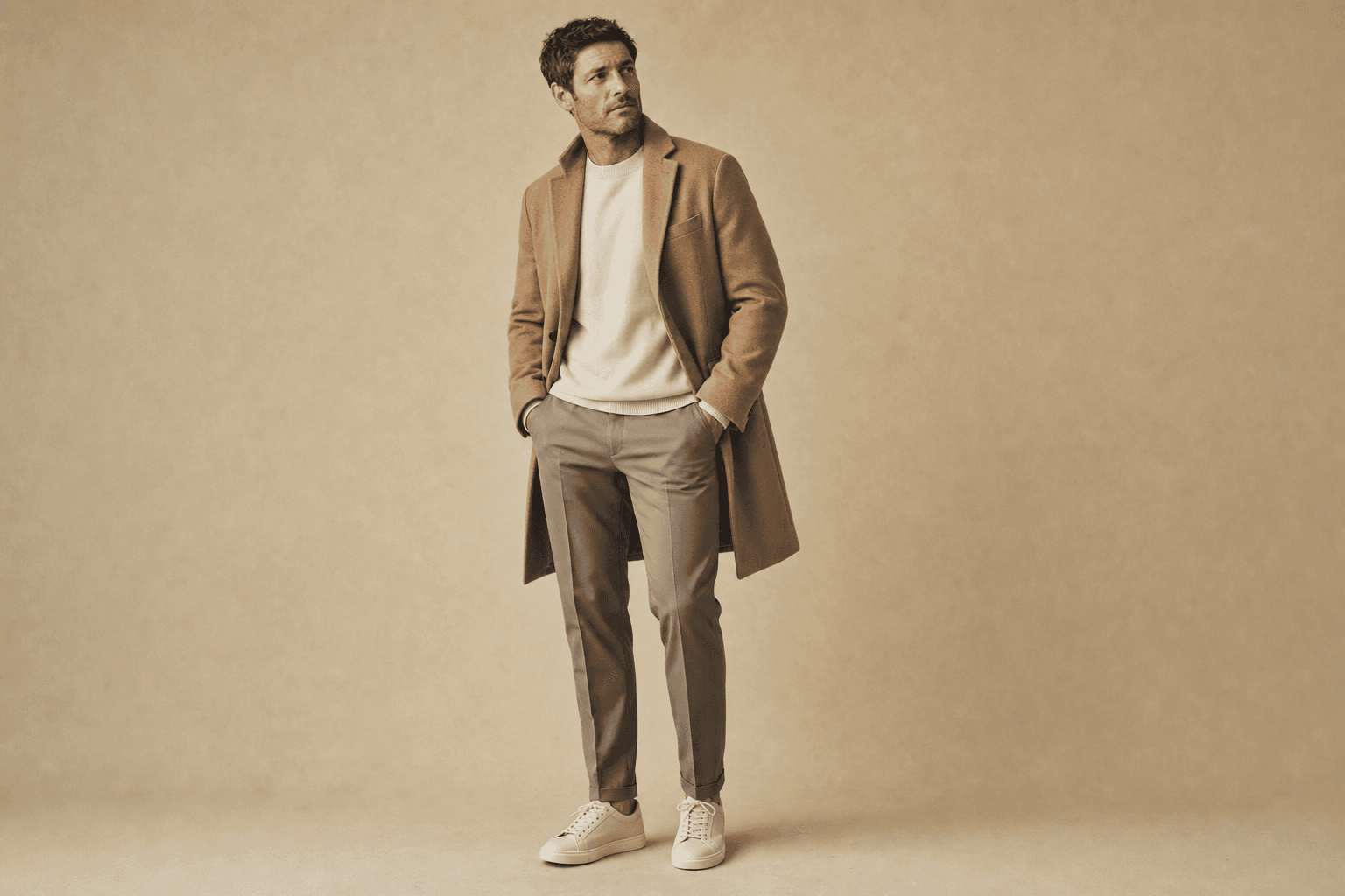 Easy transit — Camel overcoat over cream crewneck, taupe trousers, cream leather sneakers.